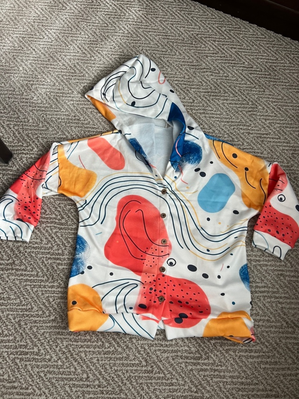Grace Multicolor Abstract Print Hooded Cardigan in White, Red, Orange, Blue